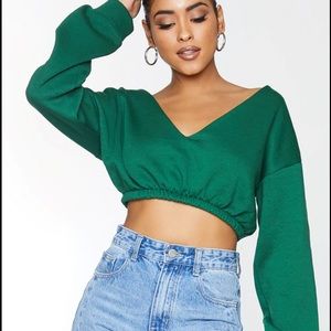 PLT Forest Green Crop Off Shoulder Sweatshirt